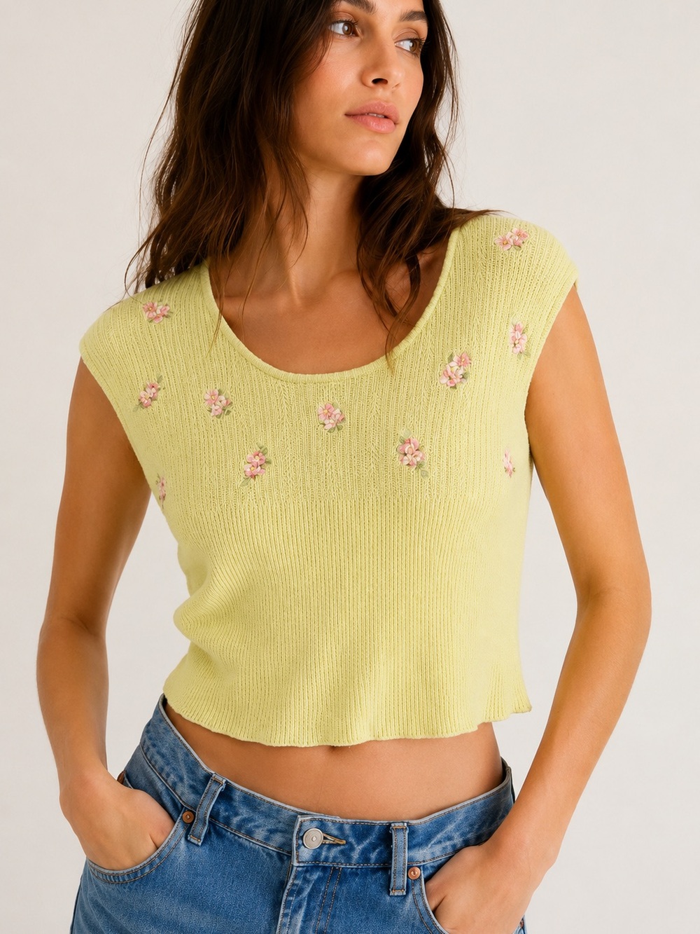 Free People Embroidered Floral Sweater Top – Yellow – Size XS